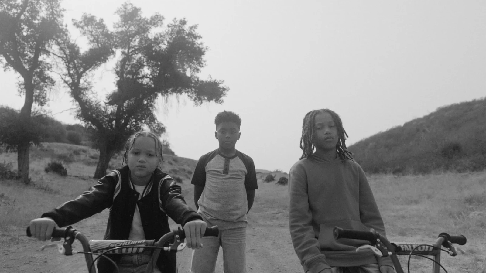 Three young people with bicycles along a rural path.