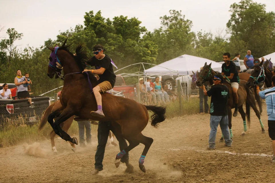 A bareback rider steadies a rearing brown horse in front of tents and spectators.