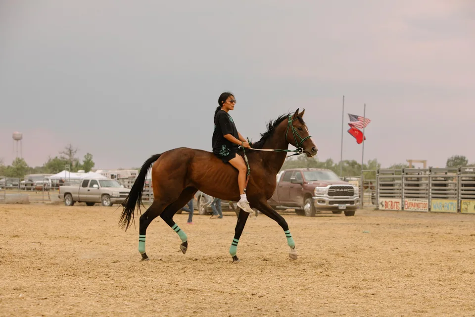 A rider on a brown horse crosses the track in front of parked vehicles.