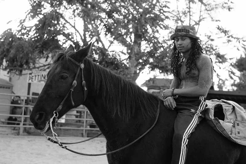 Black-and-white portrait of a rider seated on a horse beneath trees.