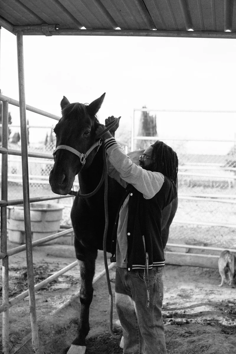 A person stroking a horse's face beneath a stable roof, in black and white.