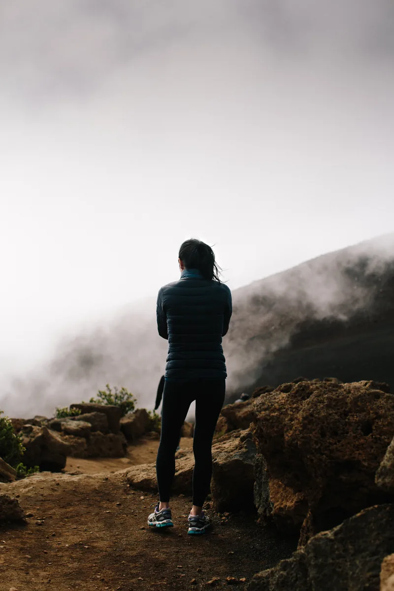 A person looking out over a misty landscape from a rocky overlook.